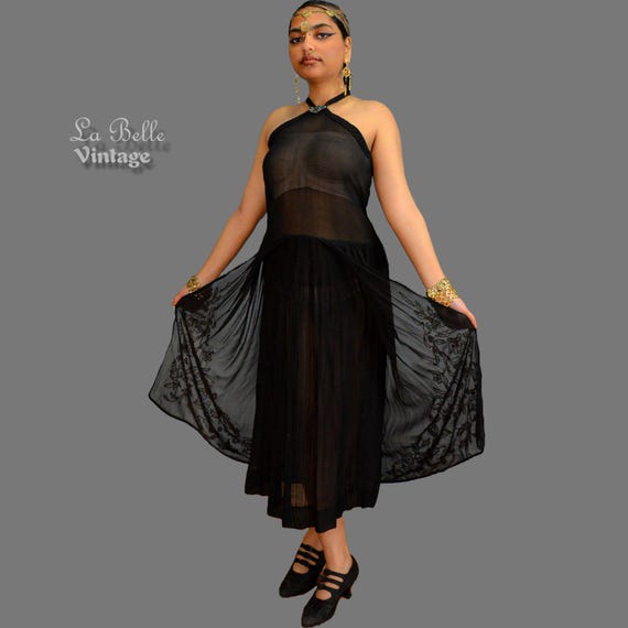 Rare 1920s Sheer Beaded Chiffon Dress & Purse ~ Flapper Evening Gown Antique Black Satin Handbag Set S M