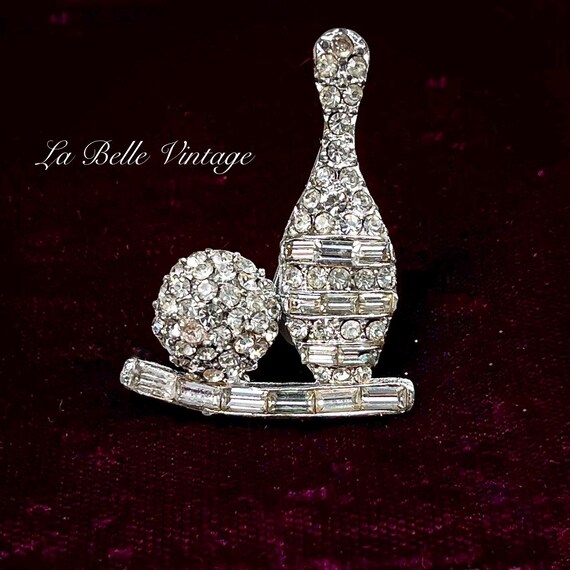 1950s Rhinestone Bowling Brooch ~ Baguette Crystal Bowling Pin Ball ~ Vintage Figural Novelty Pin