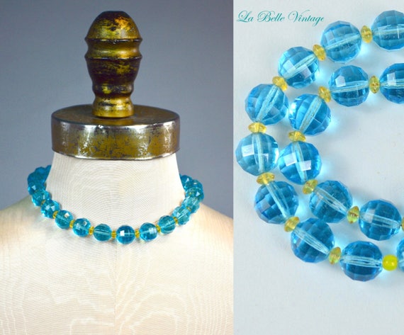 1930s Disco Ball Aqua Glass Necklace ~ Vintage Bl… - image 1