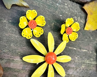 1960s Flower Power Earrings 3” Brooch Set ~ Vintage 60s Mod Bright Yellow Orange Enamel Floral Demi Parure