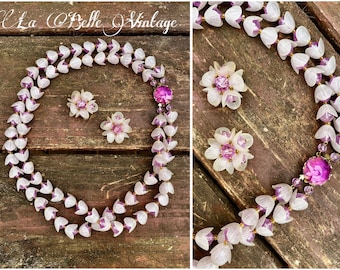 Spring Flowers Jewelry ~ Vintage 1950s Lilac Pastel Tulips Necklace Earrings ~ West Germany Demi Parure Set