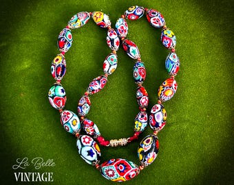 Collar Millefiori colorido de la década de 1930 ~ Gargantilla vintage de cuentas de cristal de Murano veneciano anudadas a mano