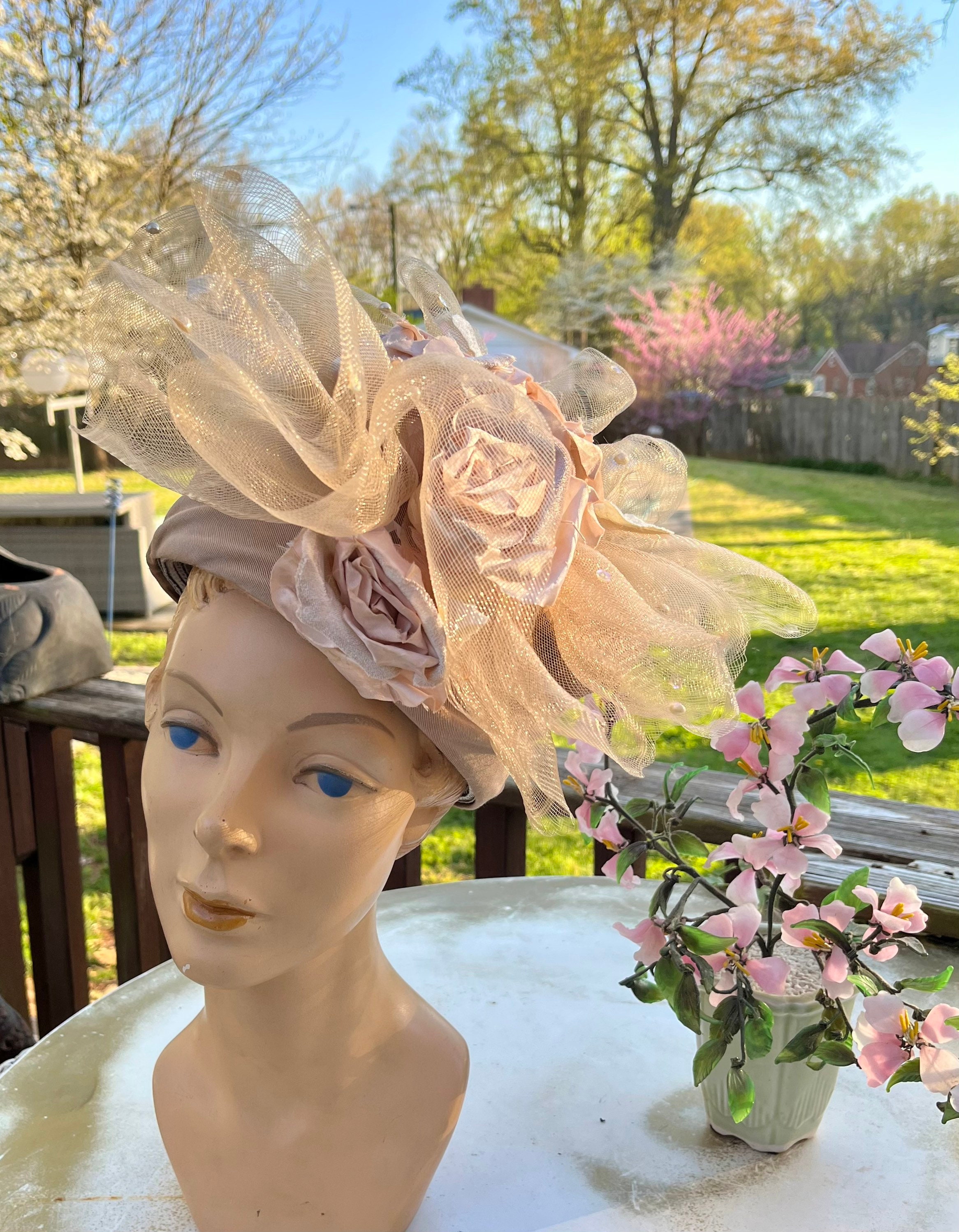 Whittall & Shon Ivory Pillbox Hat with Tulle Bow and Pearl Trim Huge Tulle Bow Pillbox Hat ~ Whittall & Shon Velvet Flowers  main image 4