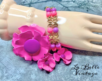 Purple & Pink Enamel Flower Parure ~ Vintage 60s Mod Bracelet Earrings Brooch Painted Set