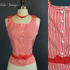 The Circus Blouse ~ Vintage 1950s Red Stripe Sleeveless Top M ~ Polka Dot Bows