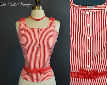 The Circus Blouse ~ Vintage 1950s Red Stripe Sleeveless Top M ~ Polka Dot Bows