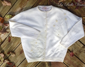 Vintage 1960s Ivory Lambswool & Angora Hand Beaded Cardigan ~ Crème de la Crème