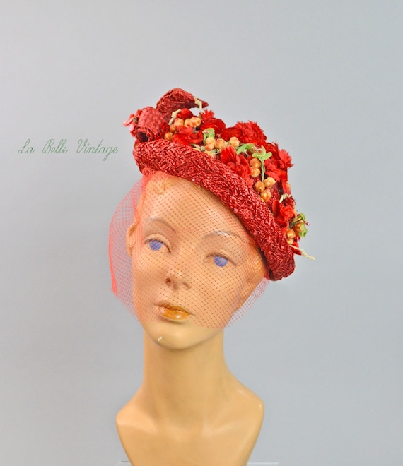 Red Velvet Berries Hat ~ Vintage 50s Plaited Straw Floral Chapeau ~ Birdcage Veil ~ Ethel Frank of NY