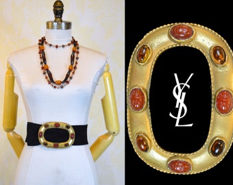 Vintage Yves Saint Laurent Scarab Belt ~ YSL Soft Leather Corset Sash ~ Carved Glass Scarabs