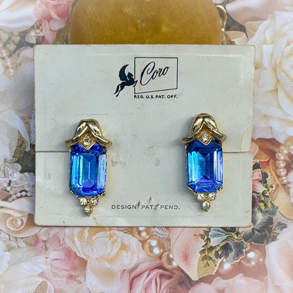 1940s Coro Blue Rhinestone Earrings NOS ~ Patent … - image 1