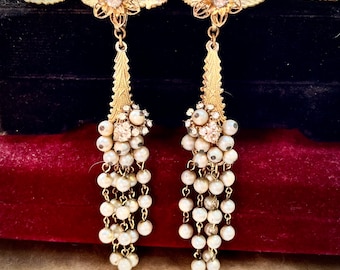 1930s Sterling Chandelier Earrings ~ Vintage 30s Waterfall Pearls & Rhinestone 4” Shoulder Duster Set ~ Gold Vermeil Filigree Jewelry