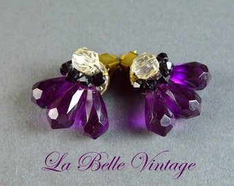 Purple Prisms ~ Vintage 1950s Beaded Cluster Earrings ~ Western Germany Clip Ons