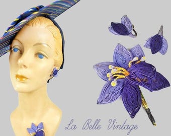 1940s Vintage Corde Earrings and Brooch Set ~ Blue & Lavender Handmade Spun Wire Flowers Demi Parure