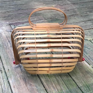 Vintage 40s Bamboo Accordion Purse 1940s Fish Basket Folding Bag Occupied Japan Slat Handbag image 3