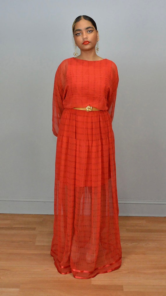 Victor Costa Vintage Red Sheer Maxi Party Dress S… - image 5