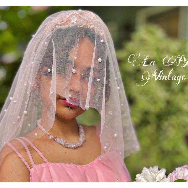 Pink Fairytale Princess Wedding Crown ~ Vintage 1940s Floral Hat ~ Pearl Teardrops ~ Wide Net Veil ~ Thalhimers