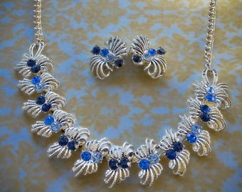 Coro 1950s Rhinestone Necklace Earrings ~ Brilliant Blue 50s Abstract Bows Silver Set ~ Deadstock Vintage