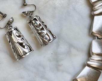 Vintage 1930s Sterling Earrings ~ E Barena Mexico Taxco Silver Screw Back Dangles