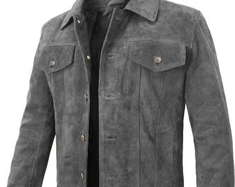 Trucker Leather Jacket Men Handmade Suede Leather Biker Shirts, Cafe Racer Jacket Western Cowboy Jacket, Motorcycle Collar Shirt