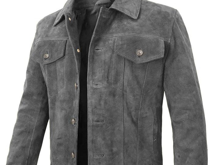 Trucker Leather Jacket Men Handmade Suede Leather Biker Shirts, Cafe Racer Jacket Western Cowboy Jacket, Motorcycle Collar Shirt