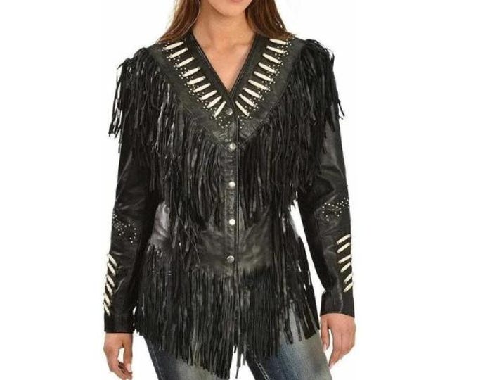 Western Cowgirl Leather Cowhide Jacket  Women's Native American Fringes & Beads Coat
