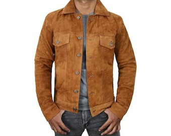 Vintage Trucker Leather Suede Jacket Men - Handmade Leather Biker Shirts, Café Racer Jacket Western Cowboy Jacket, Motorcycle Collar Shirts
