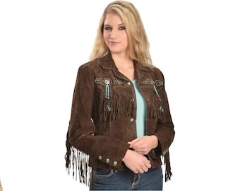 Traditional Western Cowlady 100% Genuine Suede Leather Jacket Women Native American Ladies Tassels Beaded & Fringe Cowgirl Jacket