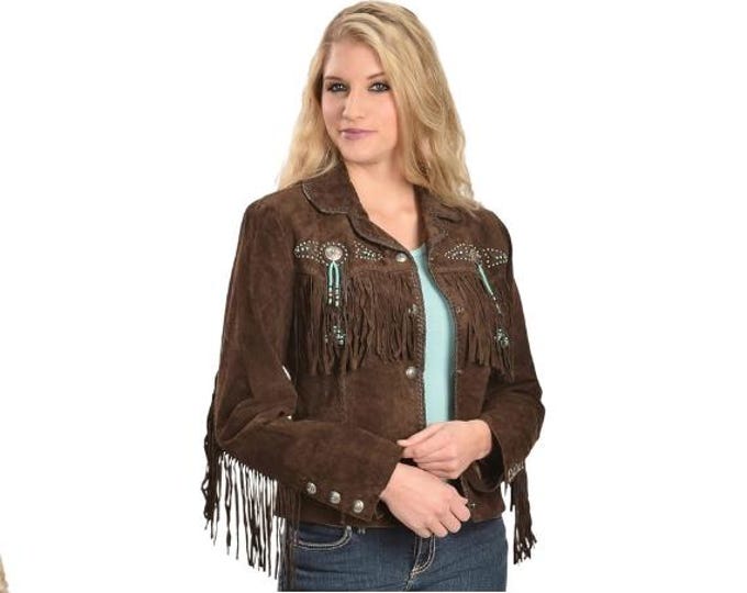 Traditional Western Cowlady 100% Genuine Suede Leather Jacket Women Native American Ladies Tassels Beaded & Fringe Cowgirl Jacket