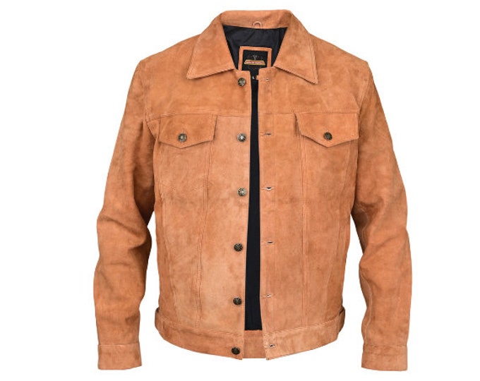 Vintage Trucker Leather Suede Jacket Men - Handmade Leather Biker Shirts, Café Racer Jacket Western Cowboy Jacket, Motorcycle Collar Shirts
