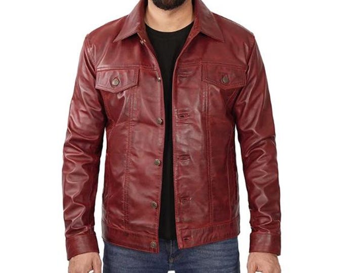 Vintage 100% Genuine Sheepskin Distressed Leather Jacket Men - Retro Biker Cafe Racer Jacket, Native American Motorcycle Jacket Collar