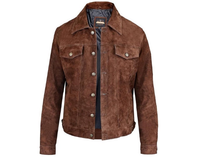 Vintage Trucker Leather Suede Jacket Men - Denim Handmade Biker Shirts, Café Racer Jacket Western Cowboy Jacket, Motorcycle Collar Shirts