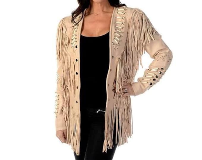 Traditional  100% Cowlady Genuine Western Cowhide Leather Jacket women Cow Lady Classic Native American Tassels Fringe Cowgirl Jacket