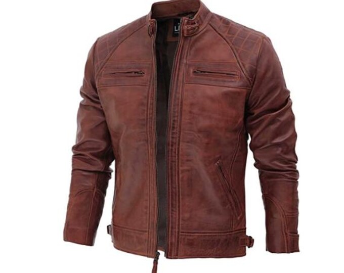Brown 100% Genuine Sheepskin Leather Jacket Men - Handmade Retro Cafe Racer Biker Jacket, Vintage Native American Motorcycle Jacket - Zipper