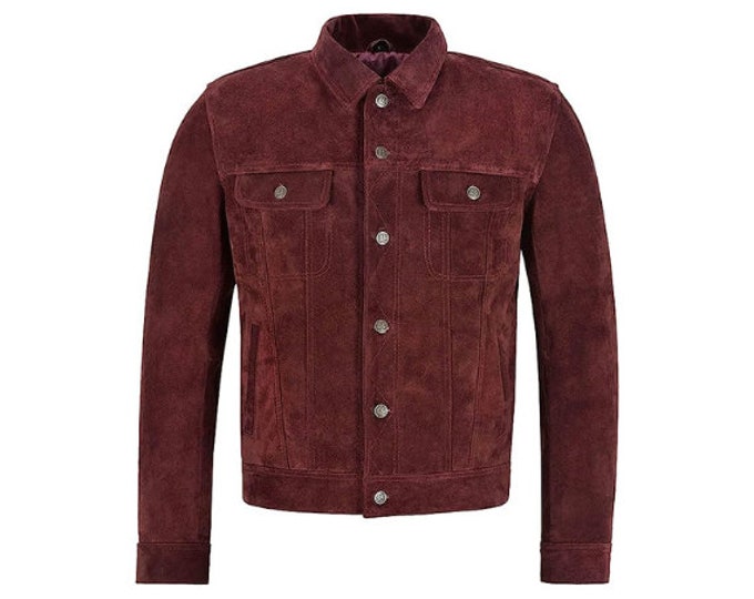 Vintage Trucker Suede Leather Jacket Men - Denim Handmade Biker Shirts, Café Racer Jacket Western Cowboy Jacket, Motorcycle Collar Shirts