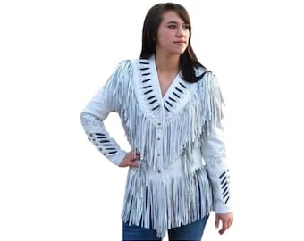 Traditional  100% Cowlady Genuine Western Cowhide Leather Jacket women Cow Ladies Classic Native American Tassels Fringe Cowgirl Jacket