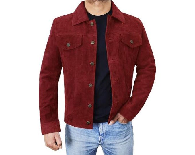 Vintage Trucker Suede Leather Jacket Men - Denim Handmade Biker Shirts, Café Racer Jacket Western Cowboy Jacket, Motorcycle Collar Shirts