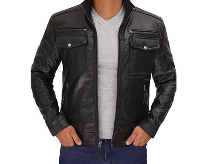 Black 100% Genuine Sheepskin Leather Jacket Men - Vintage Handmade Cafe Racer Biker Jacket, Native American Motorcycle Jacket - Zipper