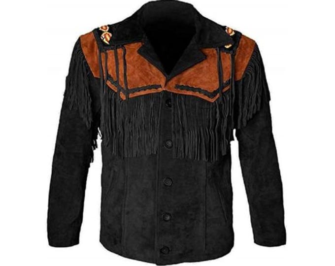 Men Western Black Suede Leather Jacket | Classic Buckskin Traditional Native American Cowboy Fringe Jacket Coat with Beaded & Tassels