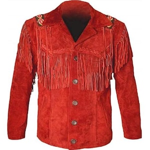 May include: A red suede jacket with fringe detailing around the collar, pockets, and hem. The jacket has a button-up front closure and long sleeves.