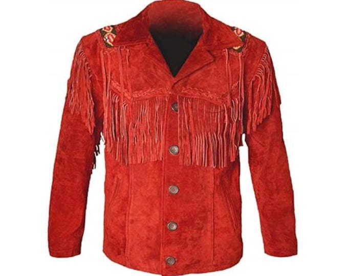Men Western 100% Genuine Suede Leather Jacket | Classic Buckskin Traditional Native American Cowboy Fringe Jacket Coat with Beaded & Tassels