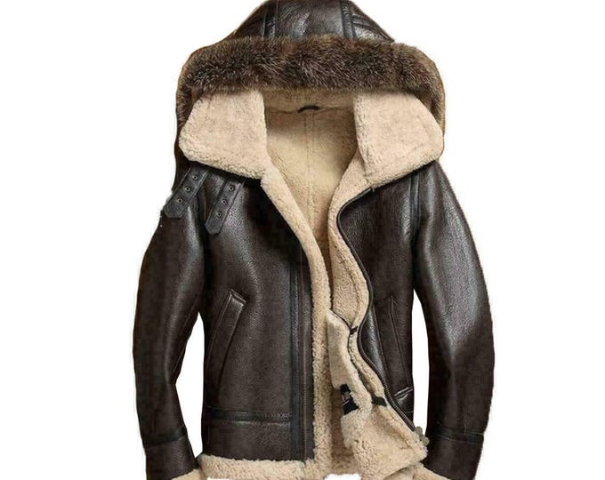 Men's Shearling  handmade sheepskin Leather  B3 Bomber Jacket with Faux Fur hooded Vintage Aviator Coat