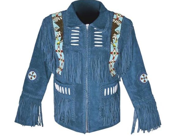 Men Blue Western Suede Leather Jacket | Classic Buckskin Traditional Native American Cowboy Fringe Jacket Coat with Zipper Beaded & Tassels