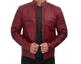 Vintage Red 100% Genuine Distressed Leather Jacket Men - Handmade Retro Cafe Racer Biker Jacket, Native American Motorcycle Jacket - Zipper