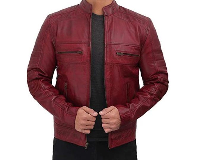 Vintage Red 100% Genuine Distressed Leather Jacket Men - Handmade Retro Cafe Racer Biker Jacket, Native American Motorcycle Jacket - Zipper