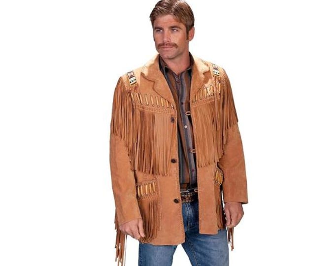 Western Brown Suede Leather Jacket Men | Buckskin Traditional Native American Cowboy Fringe Jacket Coat with Beaded & Tassels
