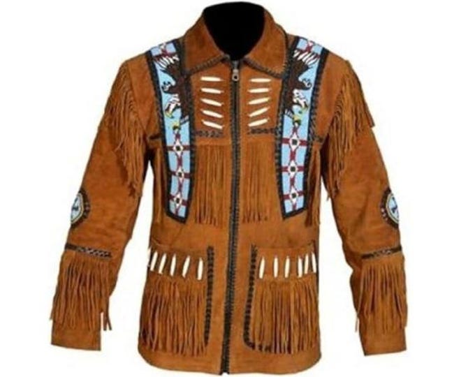 Brown Western Suede Leather Jacket Men | Traditional Native American Buckskin Cowboy Fringe Jacket Coat with Zipper, Beaded & Tassels