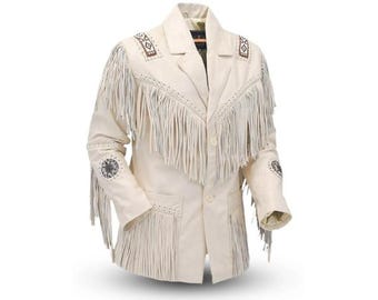 Western 100% Real Cowhide Leather Jacket Men | Traditional Vintage Buckskin Native American Cowboy Fringe Jacket Coat with Beads & Tassels