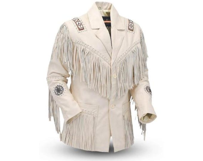 Western 100% Real Cowhide Leather Jacket Men | Traditional Vintage Buckskin Native American Cowboy Fringe Jacket Coat with Beads & Tassels