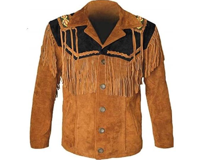Men Western Leather Suede Jacket | Classic Buckskin Traditional Native American Cowboy Fringe Jacket Coat with Beaded & Tassels