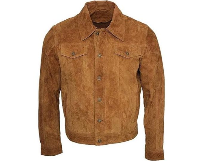 Vintage Trucker Leather Suede Jacket Men - Handmade Leather Biker Shirts, Café Racer Jacket Western Cowboy Jacket, Motorcycle Collar Shirts